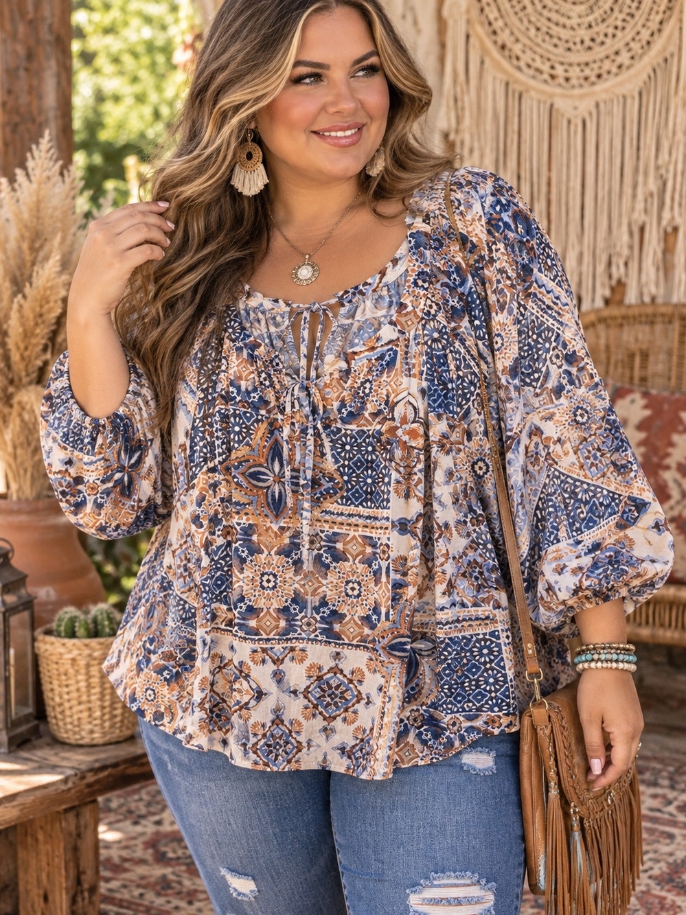 Perseption Boho Sheer Balloon Sleeve Blouse NWT